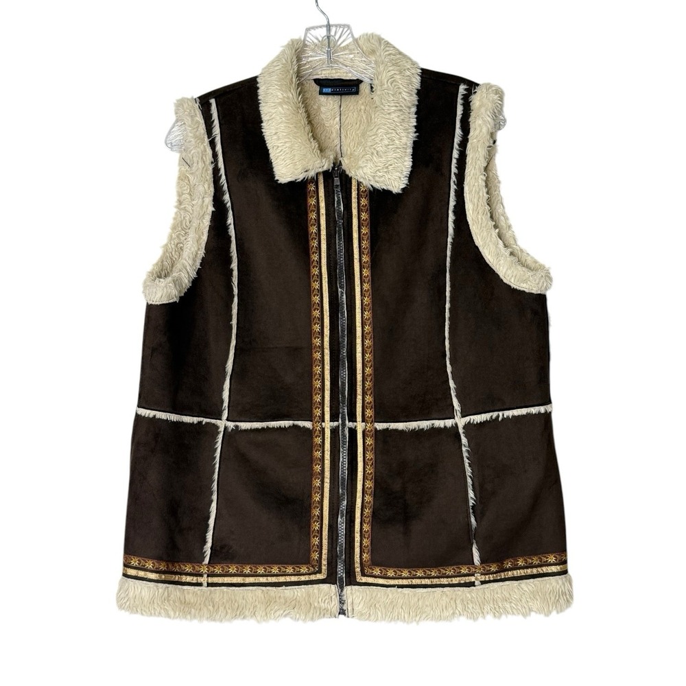 Relativity‎ Brown Faux Suede and Fur Full Zip Vest Womens XL Pockets